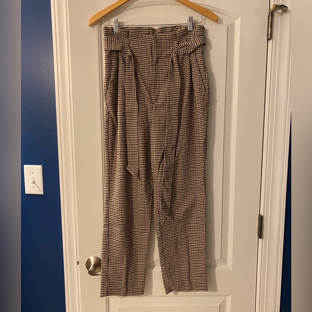 H&M Plaid Straight-Leg Slacks with Waist-Tie